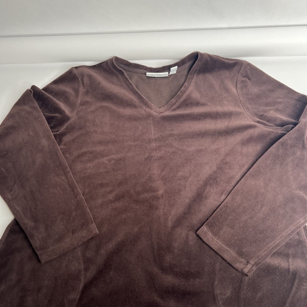 Denim & Co. Active Velour Tunic Dark Brown Cotton Blend D & Company V Neck EUC